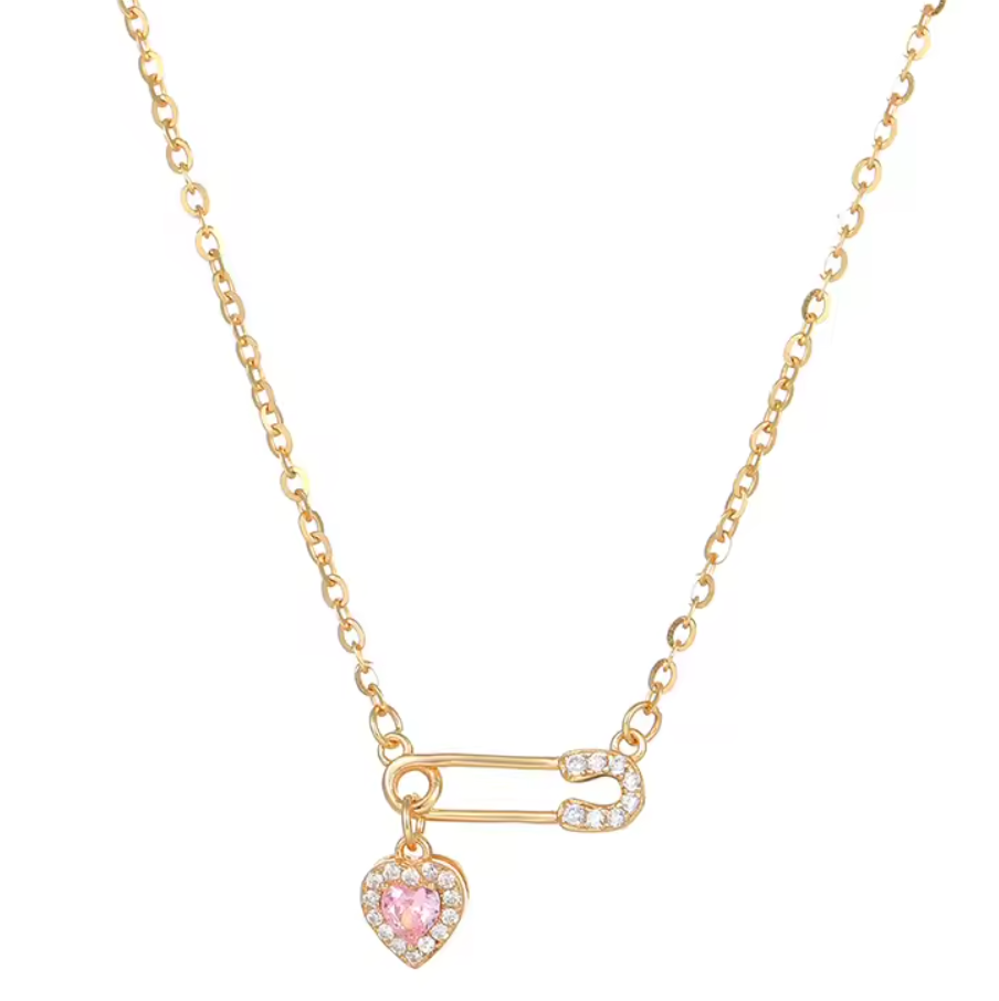 Gold Safety Pin Necklace with Sparkling Pink Heart Charm